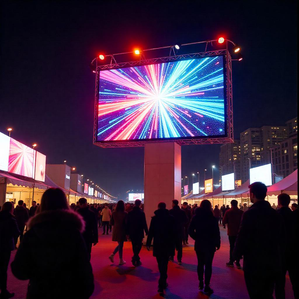 rue piétonne avec un écran LED de prestation scénique