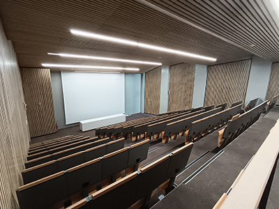 écran de projection géant encastré dans un amphithéâtre